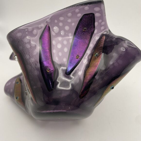 Art Glass Iridescent Dichroic Purple Folded HANDKERCHIEF Vase Bowl Studio Beaded - Picture 7 of 12